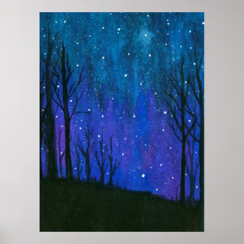 Watercolor Landscape Art Night Sky Stars Universe Poster