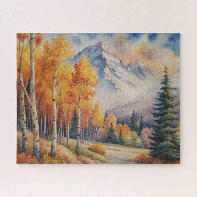 Watercolor Landscape Autumn Forest with Mountain Jigsaw Puzzle (Horizontal)