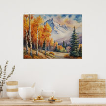 Watercolor Landscape Autumn Forest with Mountain