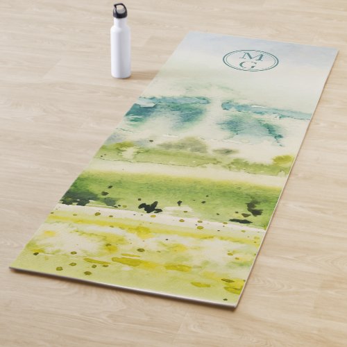 Watercolor Landscape Blue Green Monogram Yoga Mat