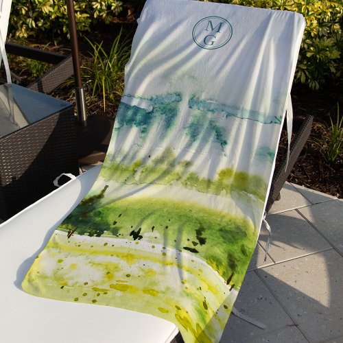 Watercolor Landscape Blue Green Yellow Monogram Beach Towel