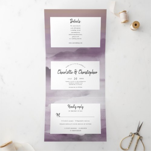 Watercolor landscape blush pink all in one wedding Tri_Fold invitation