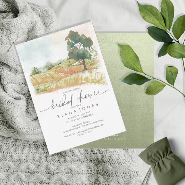 Watercolor Landscape Bridal Shower Green ID786 Invitation (Front/Back In Situ)