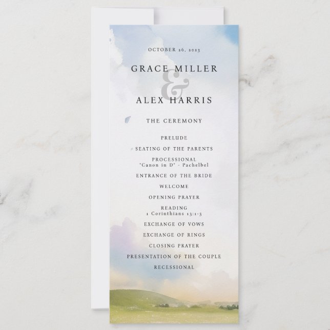 Watercolor landscape dreamy clouds wedding program (Front)
