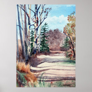 watercolor landscape in fall colors walk in woods poster