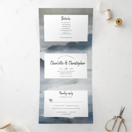 Watercolor landscape indigo all in one wedding Tri_Fold invitation
