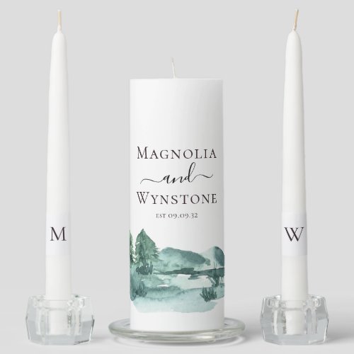 Watercolor Landscape Monogram Wedding Unity Candle Set