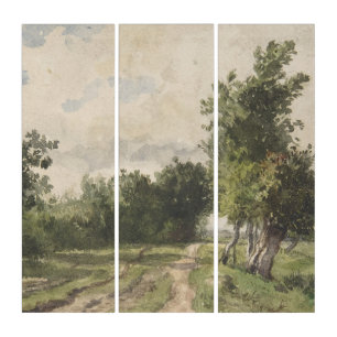 Watercolor Landscape of Path - Constant Troyon Triptych