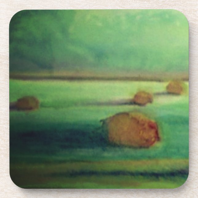 Watercolor landscape painting green meadow drink coaster (Front)