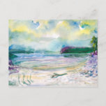 Watercolor landscape painting. Summer rain. Postcard