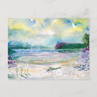Watercolor landscape painting. Summer rain. Postcard