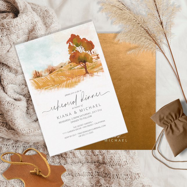 Watercolor Landscape Rehearsal Autumn Gold ID786 Invitation (Front/Back In Situ)
