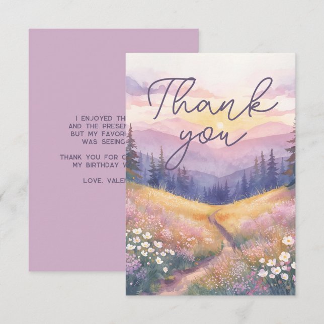 Watercolor Landscape Sunrise Nature Purple Tones Thank You Card (Front/Back)