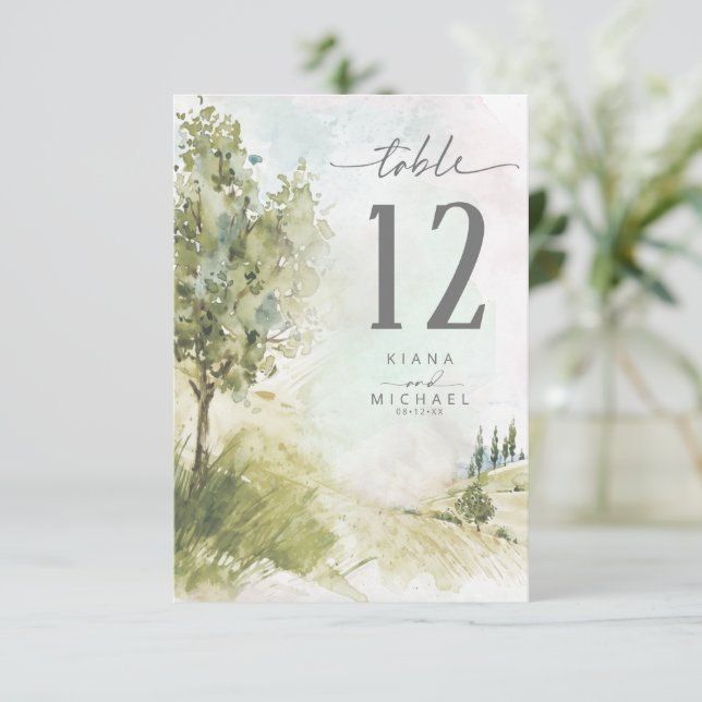 Watercolor Landscape Table Number Sage Green ID786 (Standing Front)