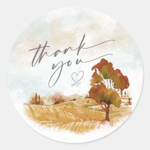 Watercolor Landscape Thank You Autumn Gold ID786 Classic Round Sticker