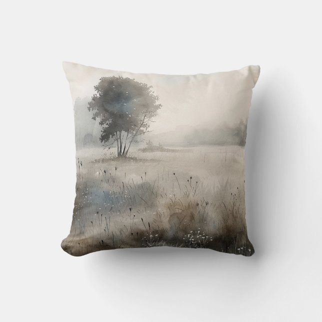 Watercolor Landscape Tree Meadow Throw Pillow (Front)