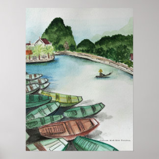 Watercolor landscape, Vietnam, Tam Coc Poster Flye