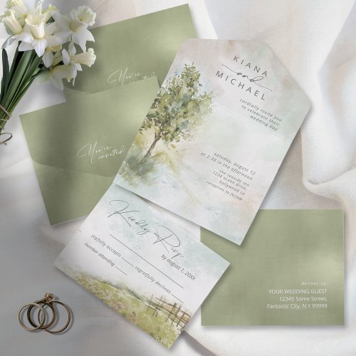 Watercolor Landscape Wedding All Sage Green ID786 All In One Invitation