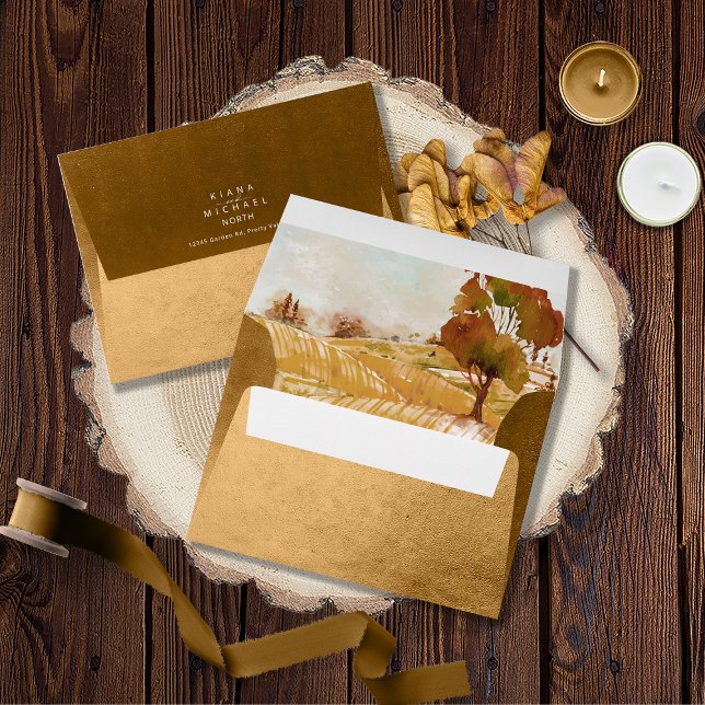 Watercolor Landscape Wedding Autumn Gold ID786 Envelope (Interior/Back In Situ)