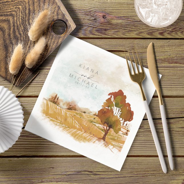 Watercolor Landscape Wedding Autumn Gold ID786 Napkins (Creator Uploaded)