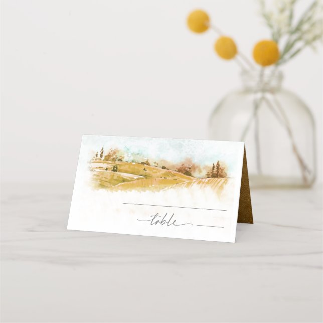 Watercolor Landscape Wedding Autumn Gold ID786 Place Card (Front)