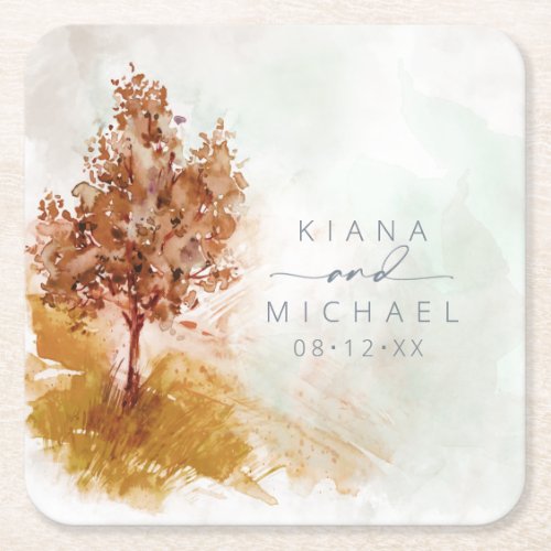 Watercolor Landscape Wedding Autumn Gold ID786 Square Paper Coaster