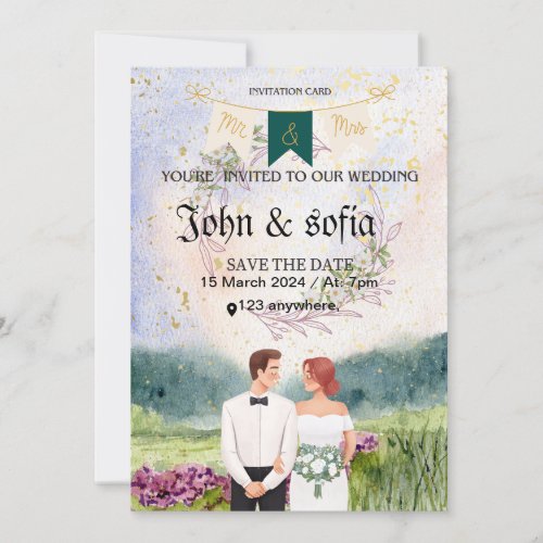 Watercolor landscape wedding  card 
