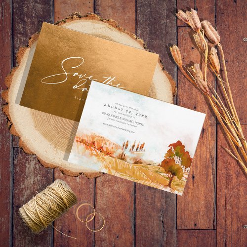 Watercolor Landscape Wedding Hrz Autumn Gold ID786 Save The Date