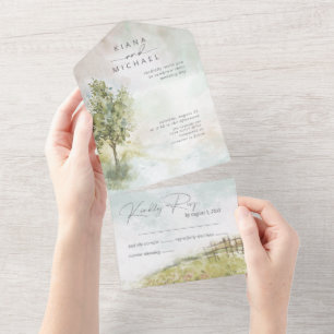 Watercolor Landscape Wedding Sage Green ID786 All In One Invitation