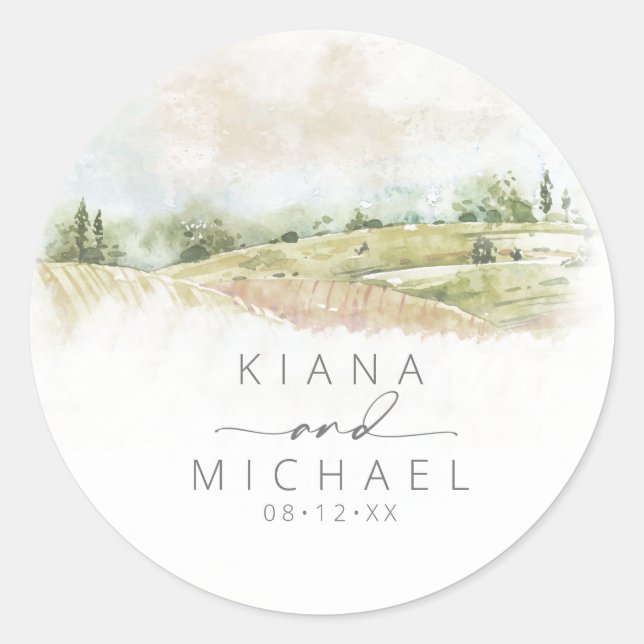 Watercolor Landscape Wedding Sage Green ID786 Classic Round Sticker (Front)