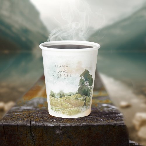 Watercolor Landscape Wedding Sage Green ID786 Paper Cups