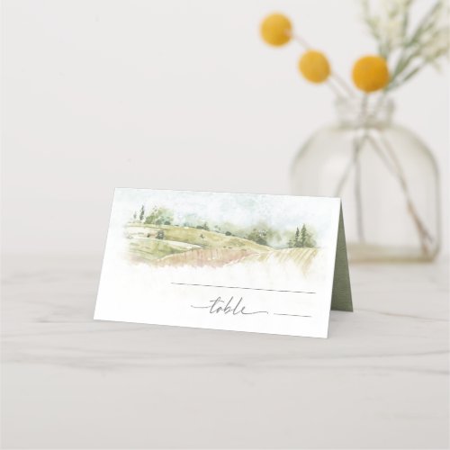 Watercolor Landscape Wedding Sage Green ID786 Place Card