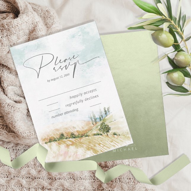 Watercolor Landscape Wedding Sage Green ID786 RSVP Card (Creator Uploaded)