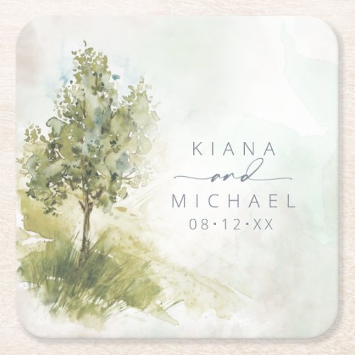 Watercolor Landscape Wedding Sage Green ID786 Squa Square Paper Coaster