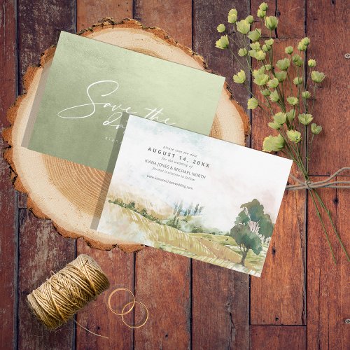 Watercolor Landscape Wedding Sage Hor Green ID786 Save The Date