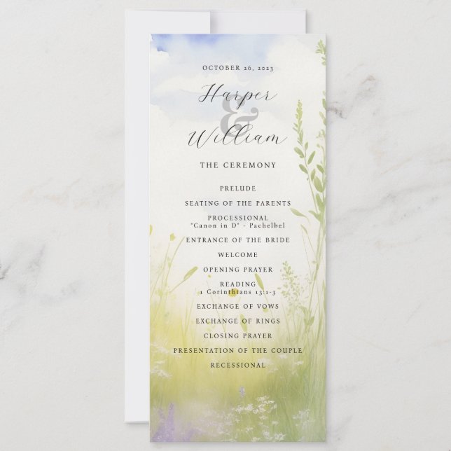 Watercolor landscape wildflowers wedding program (Front)