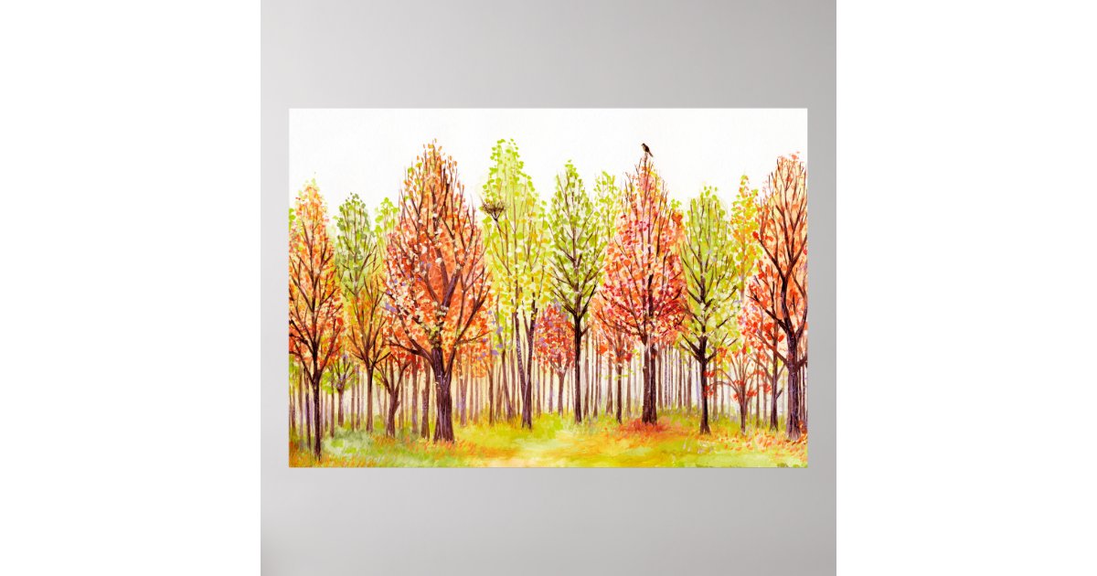 Watercolor landscape with autumn trees poster | Zazzle
