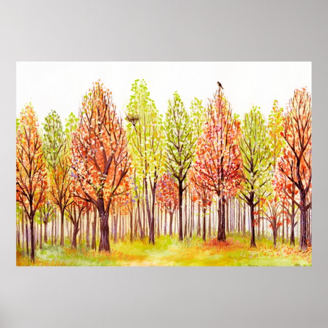 Watercolor landscape with autumn trees poster (Front)
