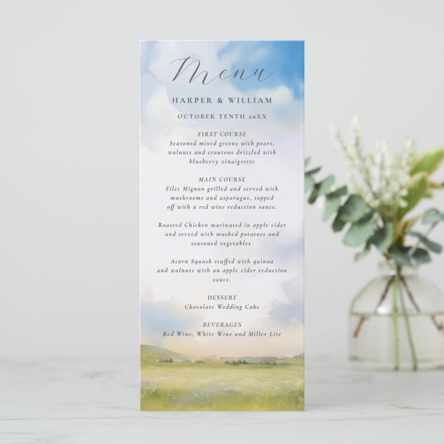 Watercolor landscape with clouds wedding menu (Standing Front)