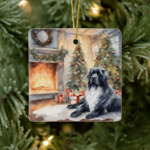 Watercolor Landseer Newf - Xmas Scene Ceramic Ornament