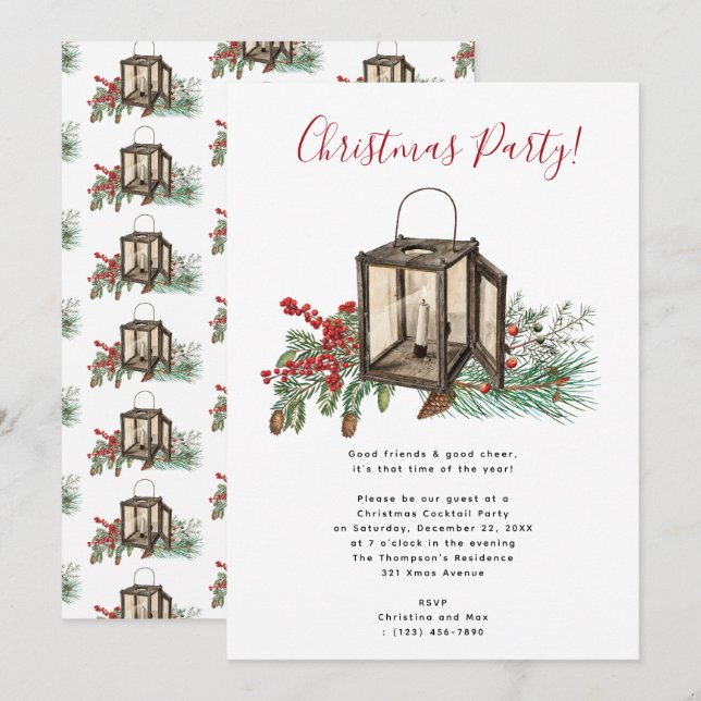 Watercolor Lantern Pine Berries Christmas Party Invitation (Front/Back)