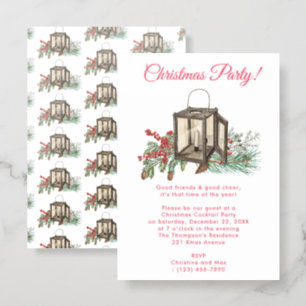 Watercolor Lantern Pine Berries Christmas Party Letterpress Photo Cards