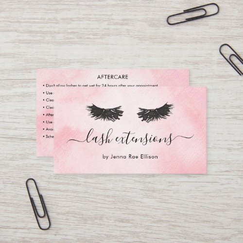 Watercolor Lashes Blush Pink Aftercare Instruction Business Card