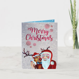 Watercolor Laughing Santa Claus Rudolf Smiling Card