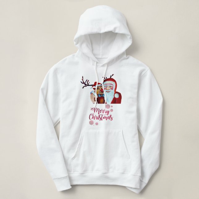 Watercolor Laughing Santa Claus Rudolf  Smiling Hoodie (Design Front)