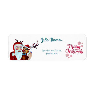 Watercolor Laughing Santa Claus Rudolf Smiling Label