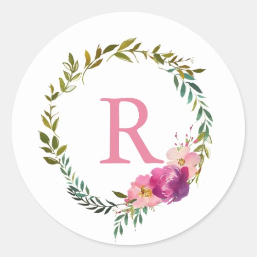 Watercolor Laurel and Flower Pink Monogram Wreath Classic Round Sticker