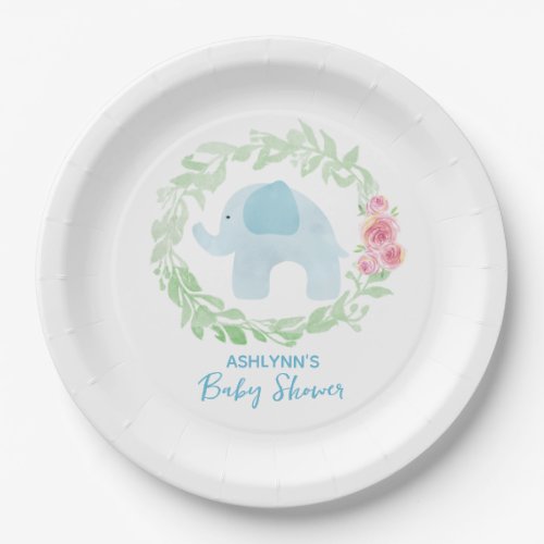 Watercolor Laurel Blue Elephant Baby Boy Shower Paper Plates