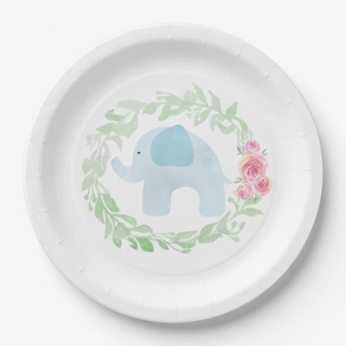 Watercolor Laurel Blue Elephant Baby Boy Shower Paper Plates