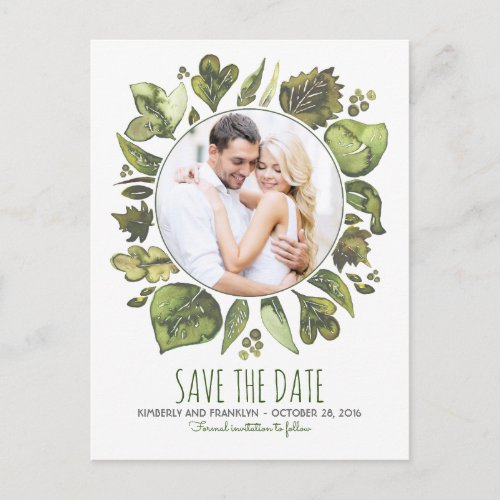 Watercolor Laurel Greenery Photo Save the Date Announcement Postcard - Watercolor greenery wreath - leaves laurel modern and whimsical photo save the date postcards